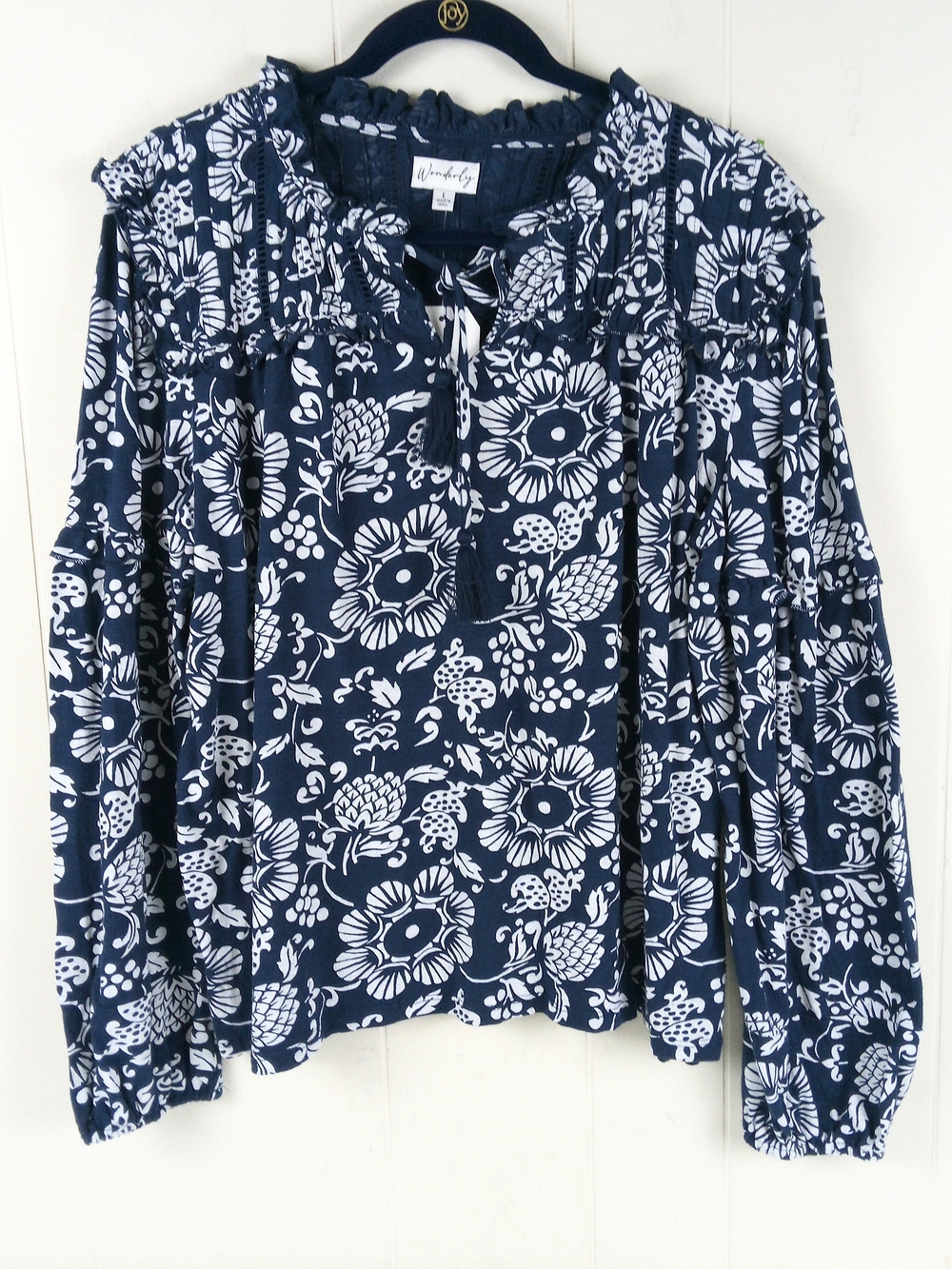 Wonderly Navy & White Floral Peasant Blouse Women's Size L Long Sleeve Ruffles